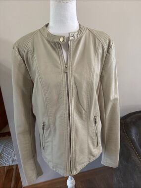 Kenneth Cole Reaction Women's Light Beige Leather Zip Jacket XL